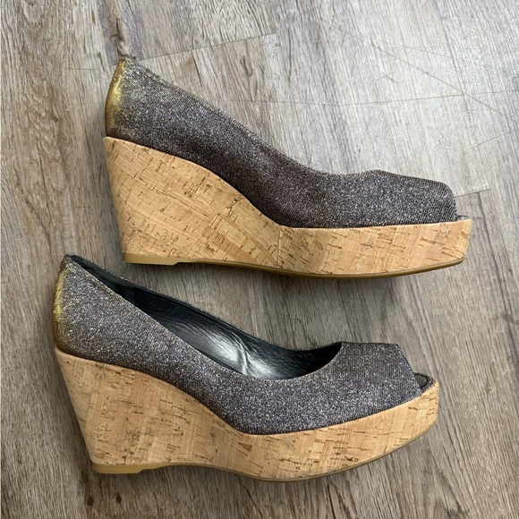 Stuart Weitzman • Anna Metallic Peep Toe Cork Platform Wedge Heels - Picture 13 of 15